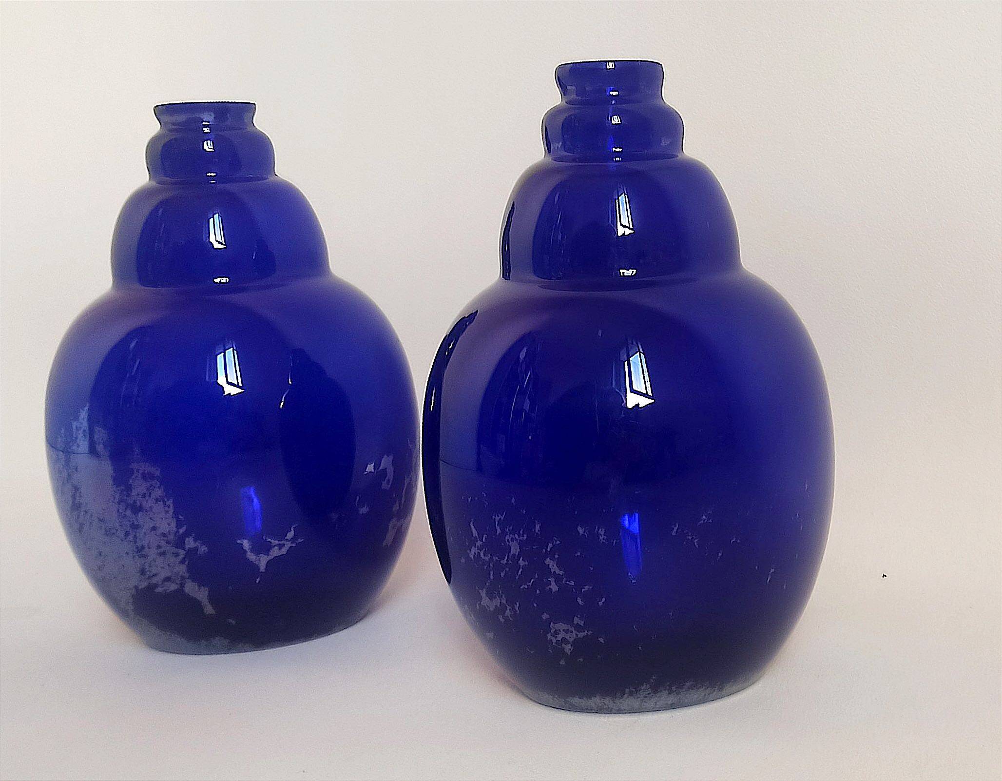 Pair of colbat blue art deco vase with silver leaf inclusions height 24 cm