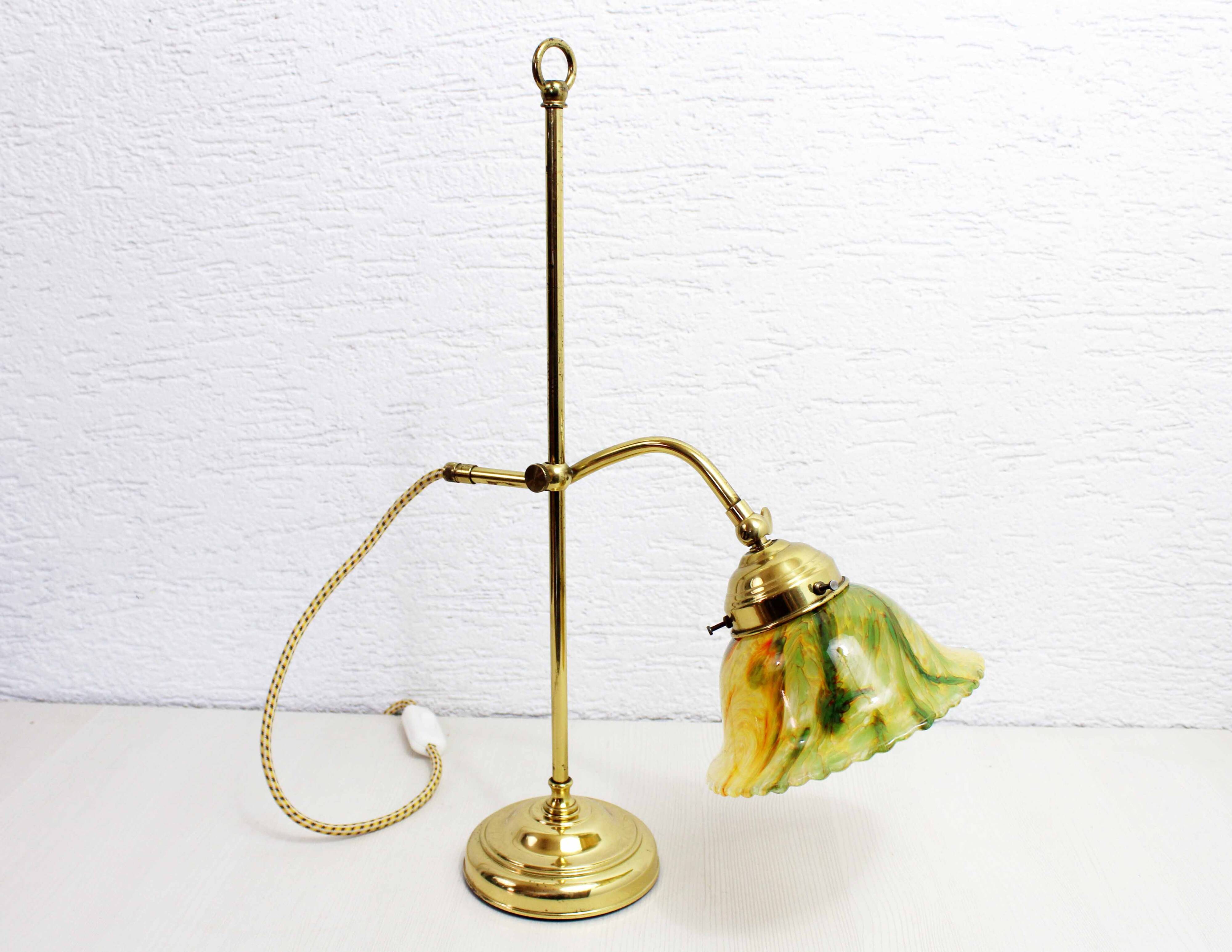 Brass and glass swan neck lamp