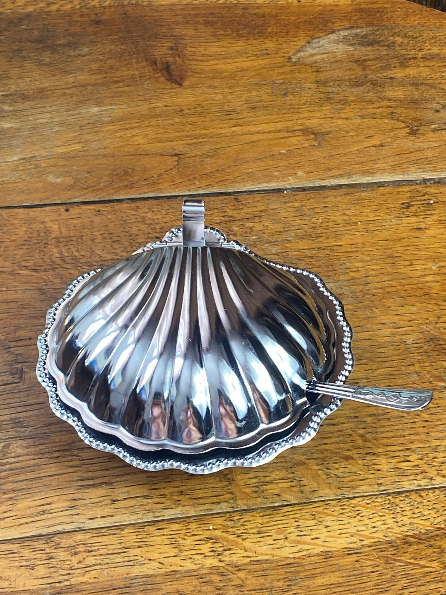 Shell-shaped butter dish in stainless steel and blue glass