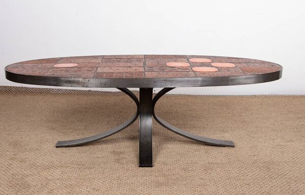 Table basse en pierre de Lave, Céramique et Acier par Jean Jaffeux 1960.