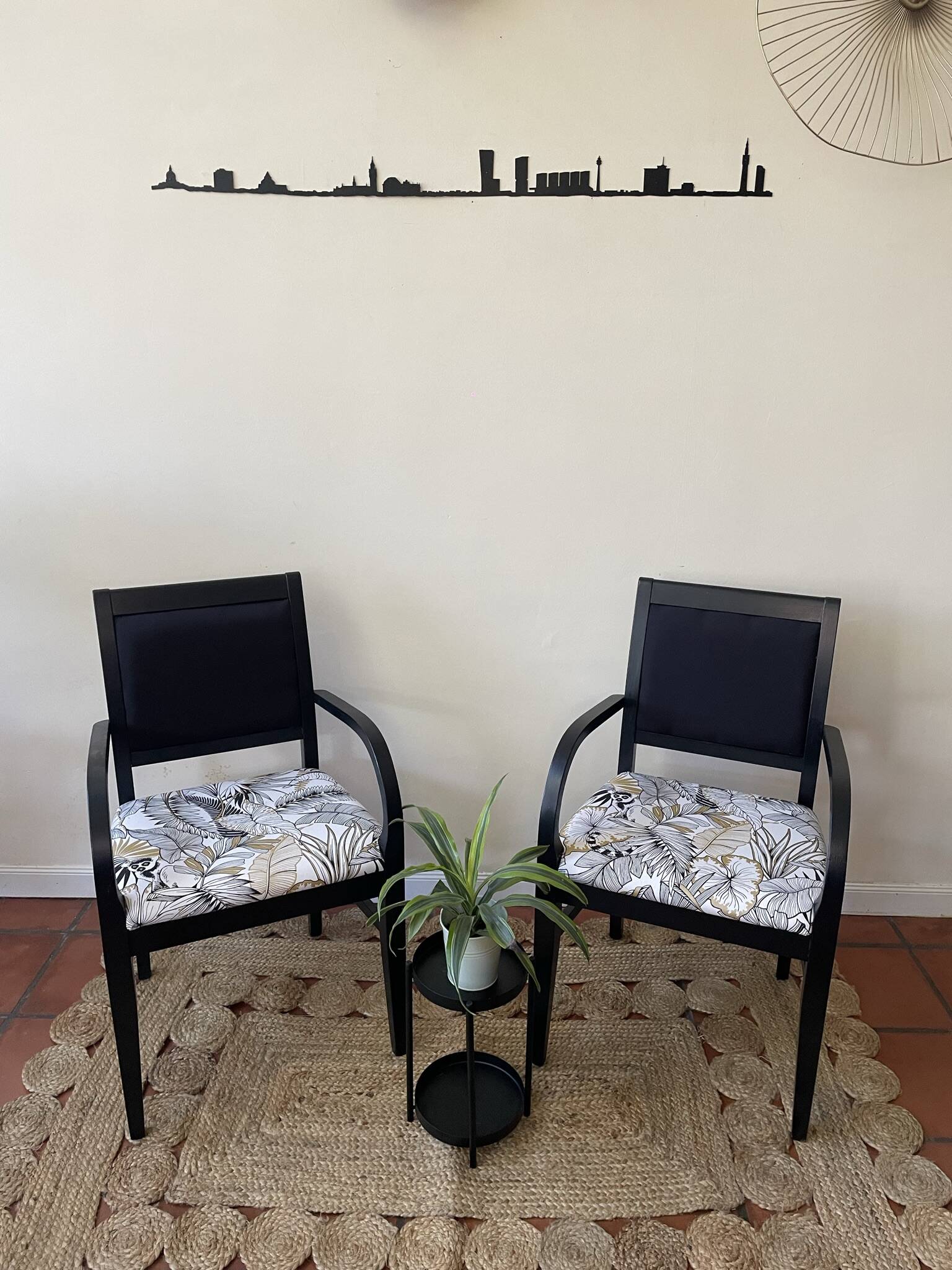 Black wooden armchair with golden leaves