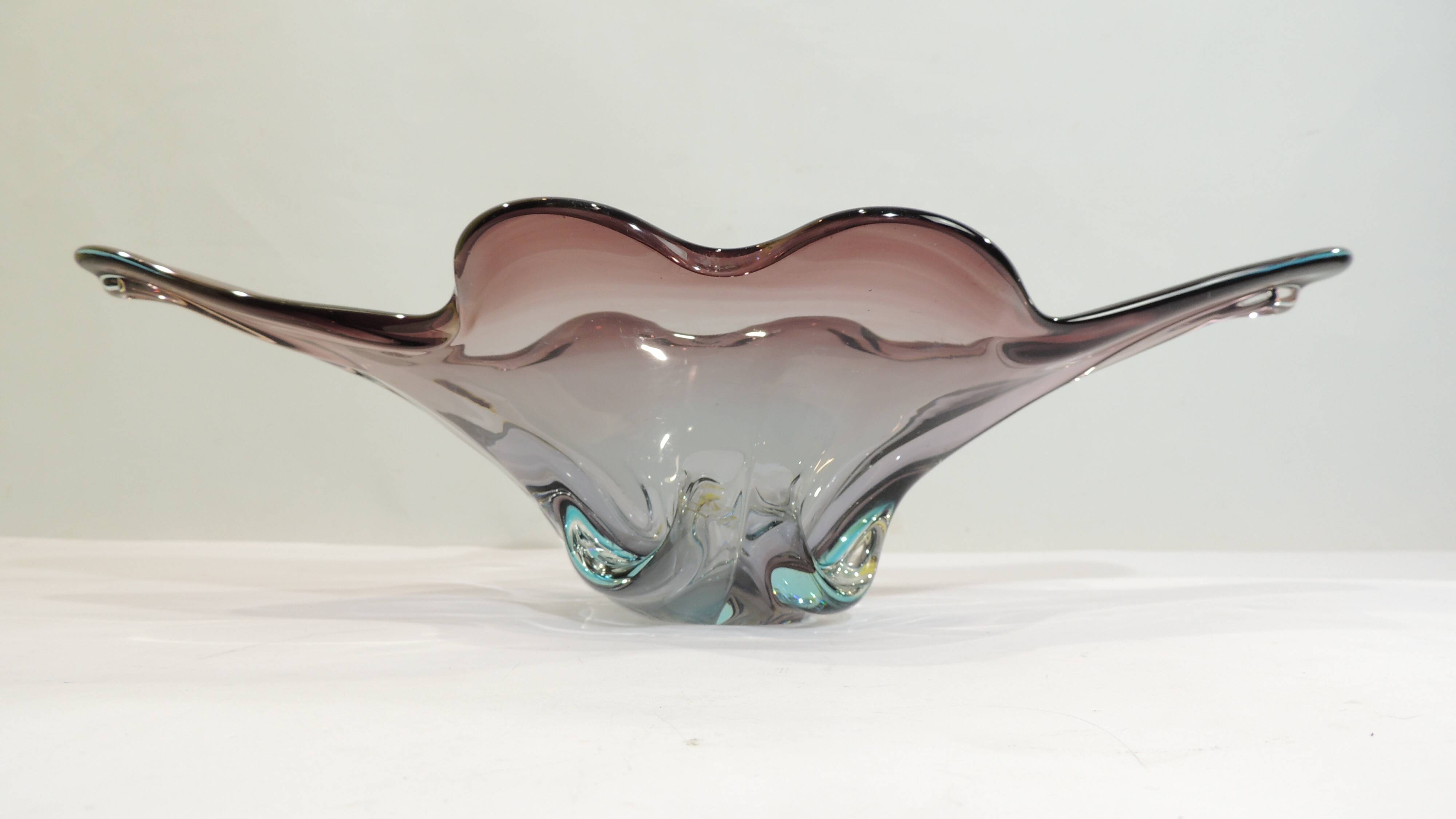 Murano style blown glass fruit bowl in purple with blue highlights - this