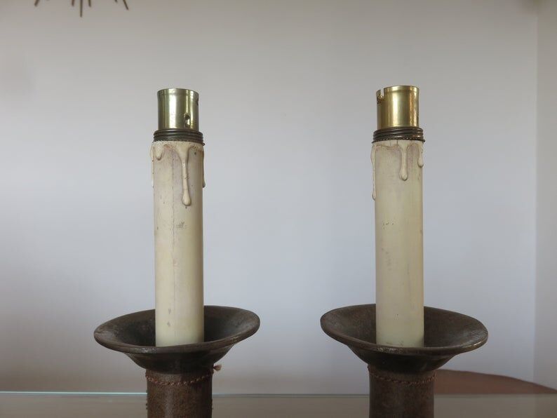 Pair of hammered raw steel and leather lamps 40 50s