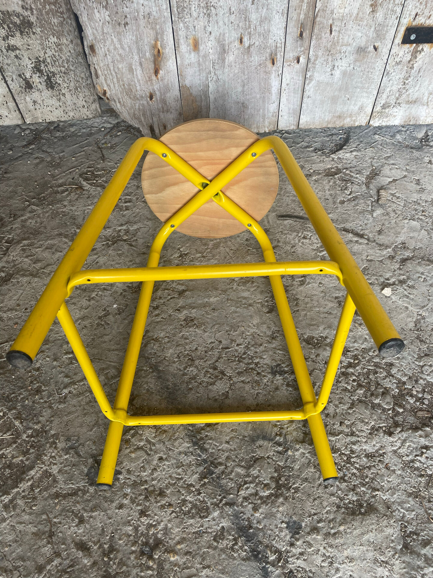 Vintage Industrial Stool Yellow Metal Tube + Wooden Seat