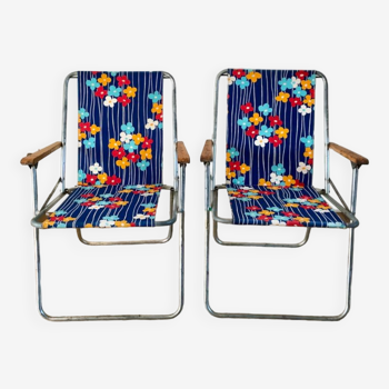 Pair of vintage camping chairs floral and wood fabrics 70s