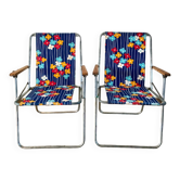 Pair of vintage camping chairs floral and wood fabrics 70s