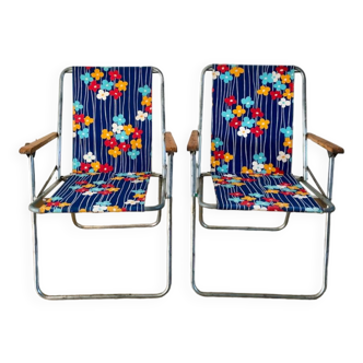 Pair of vintage camping chairs floral and wood fabrics 70s