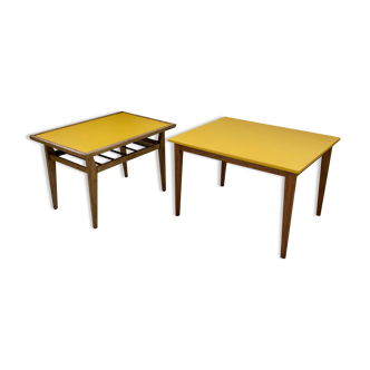 Duo of yellow wood coffee tables