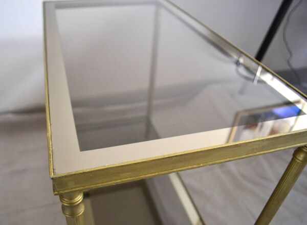 Bout de canapé table basse laiton doré verre fumé 70s