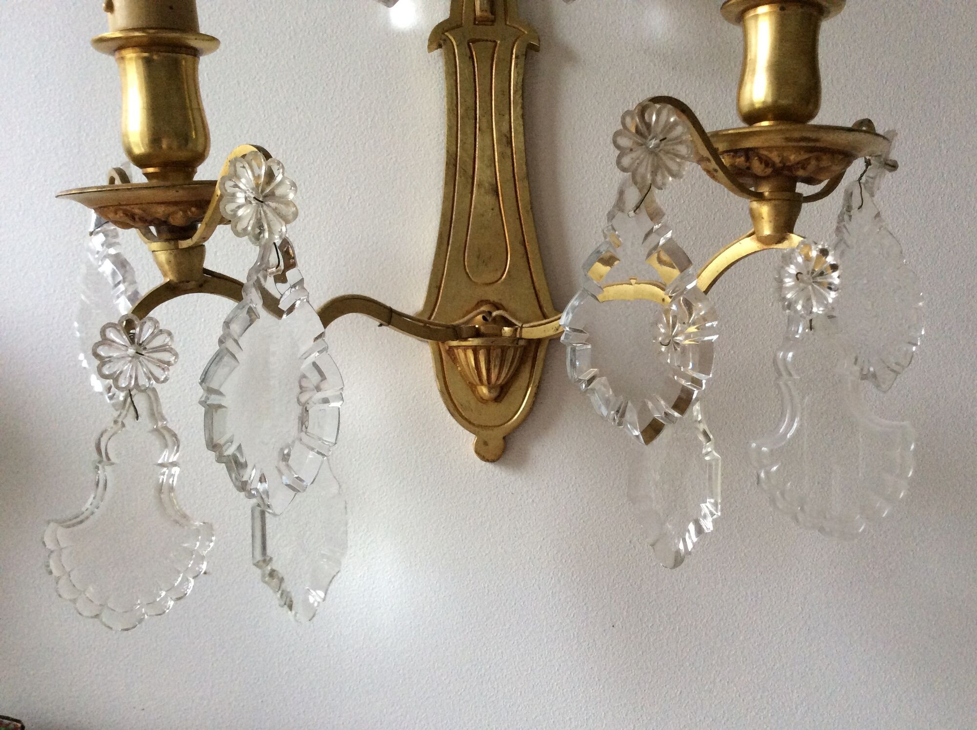 Pair of old style Louis XVI gilded bronze and Crystal