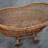 Pram/doll rattan crib, old 1950s toy