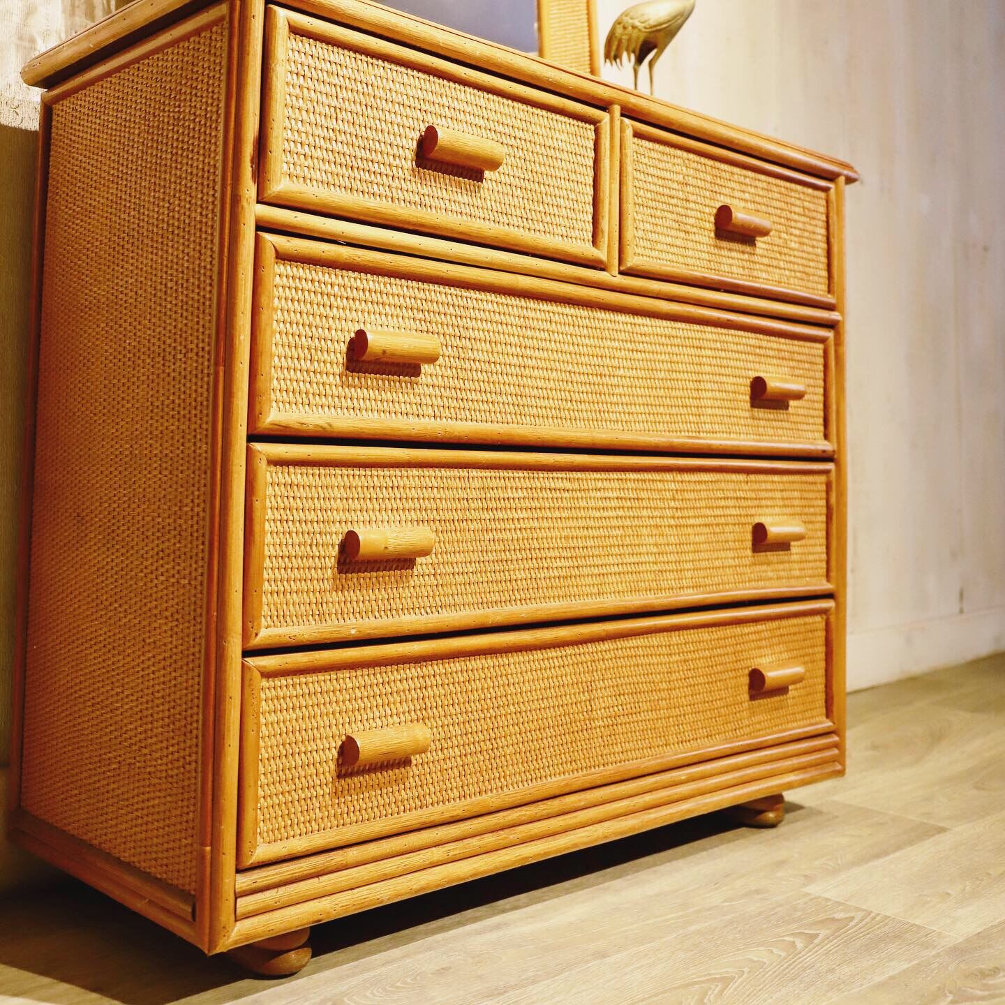 Dresser and its rattan mirror, 1960s