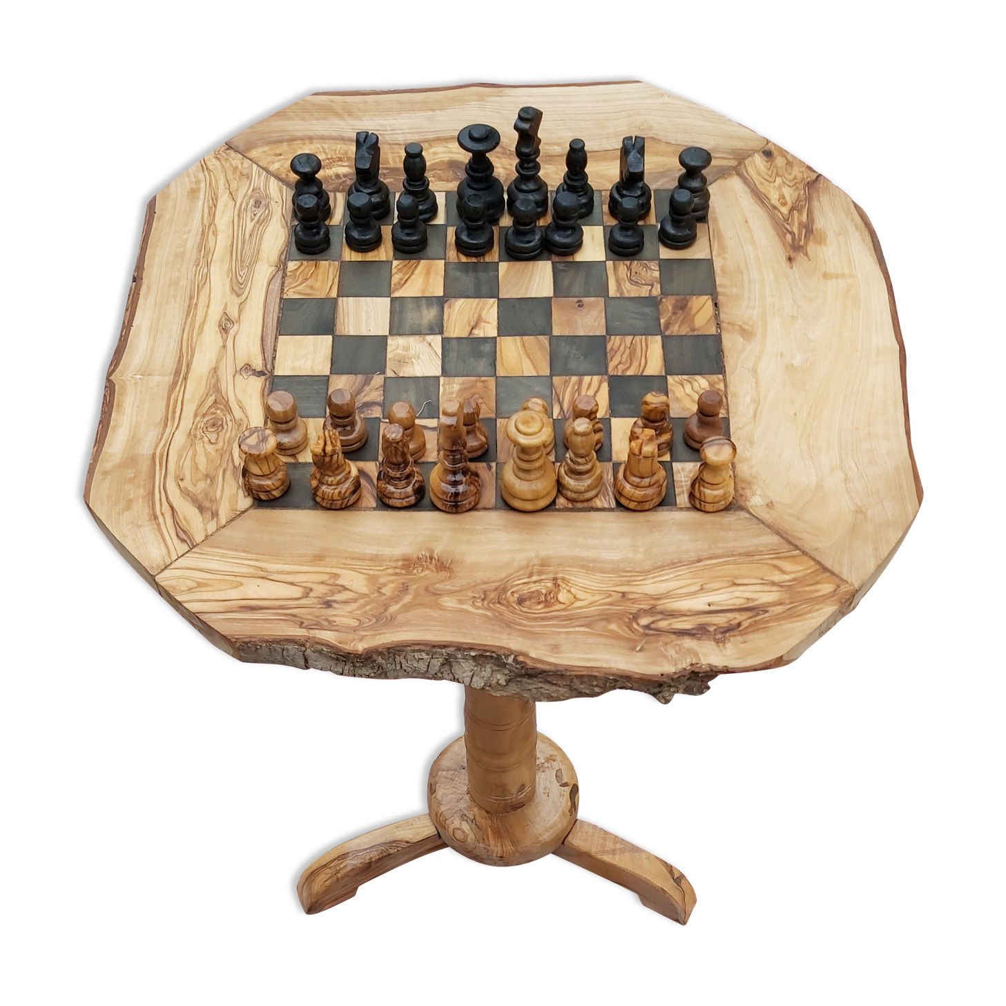 Chess table with handmade drawers made of olive wood