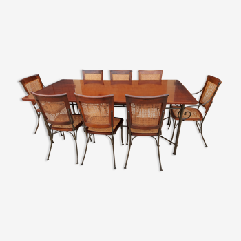 Ensemble table et 8 chaises cannage vintage années 1980