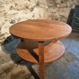 Vintage solid oak coffee table | 1930s round side table with shelf