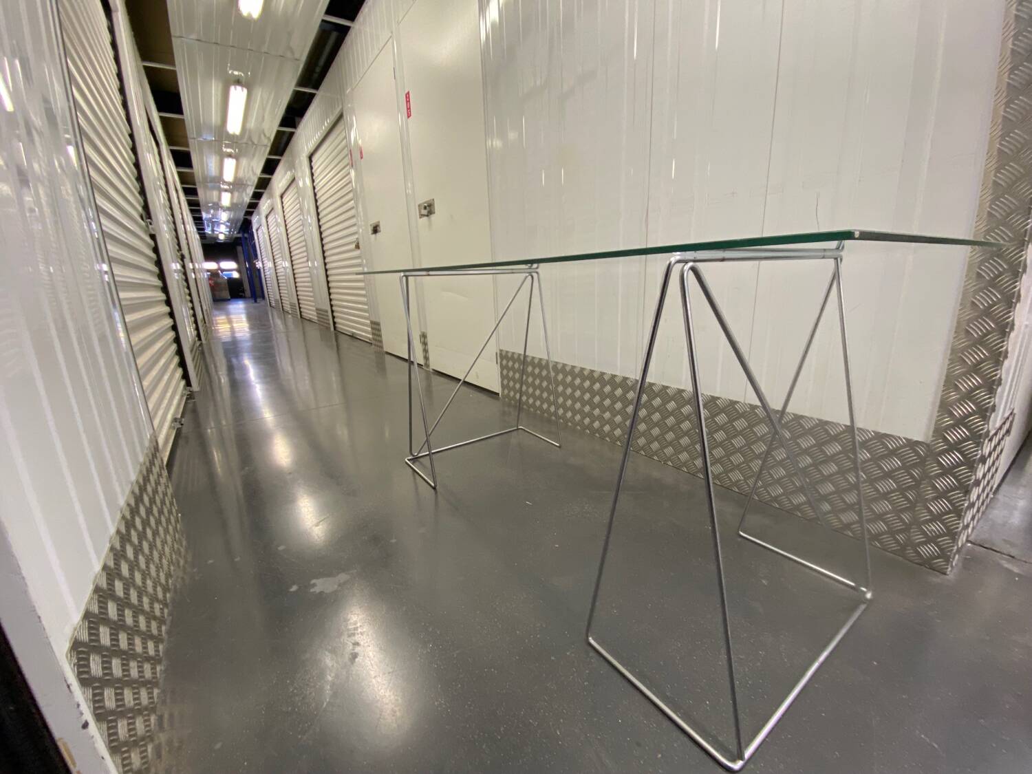 Chromed steel and glass trestle desk circa 1970