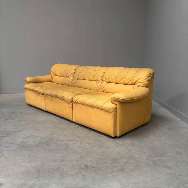 Yellow leather lounge sofa by Laauser, 1970s