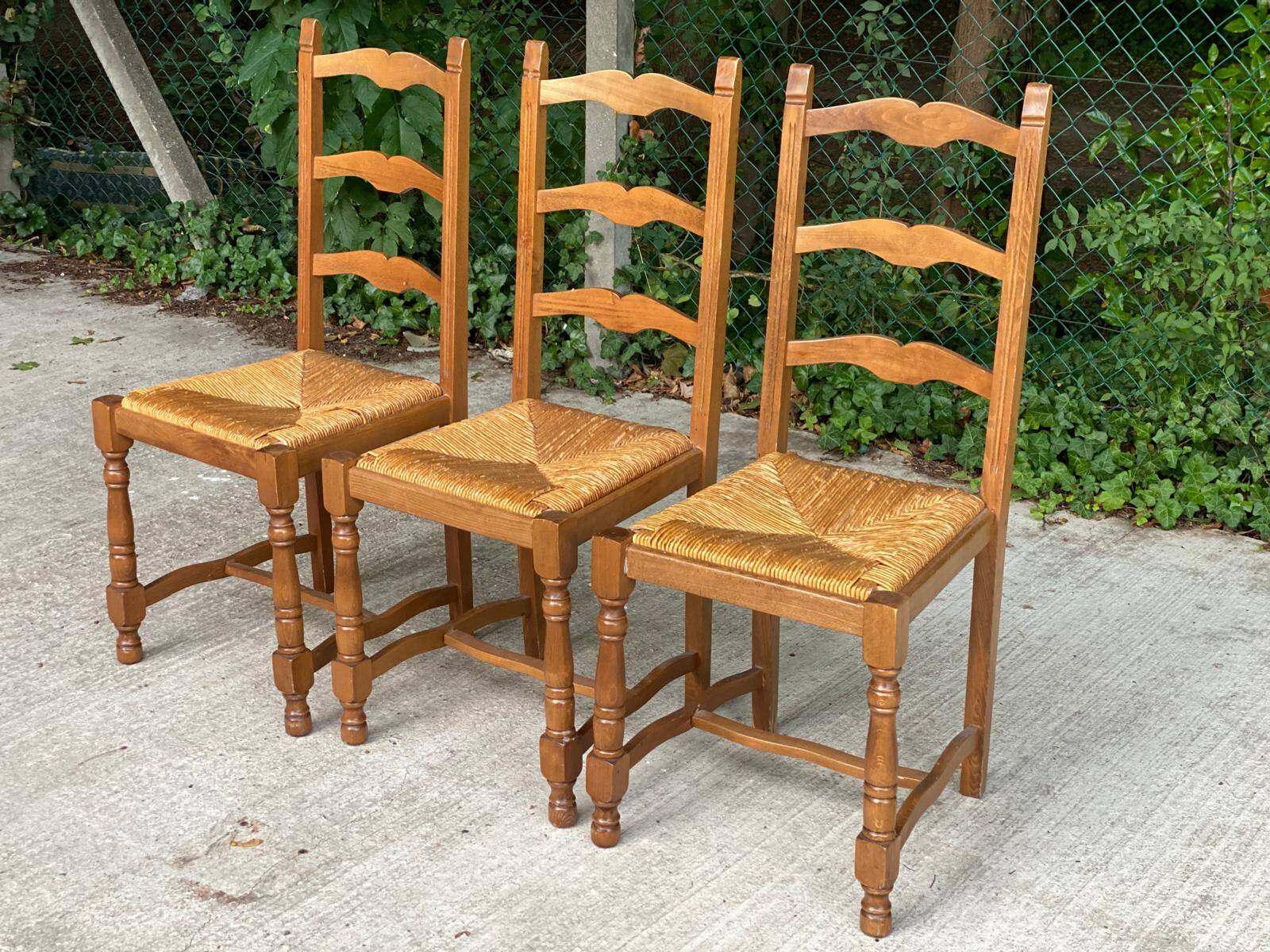 3 solid wood straw chairs, firm type, high back