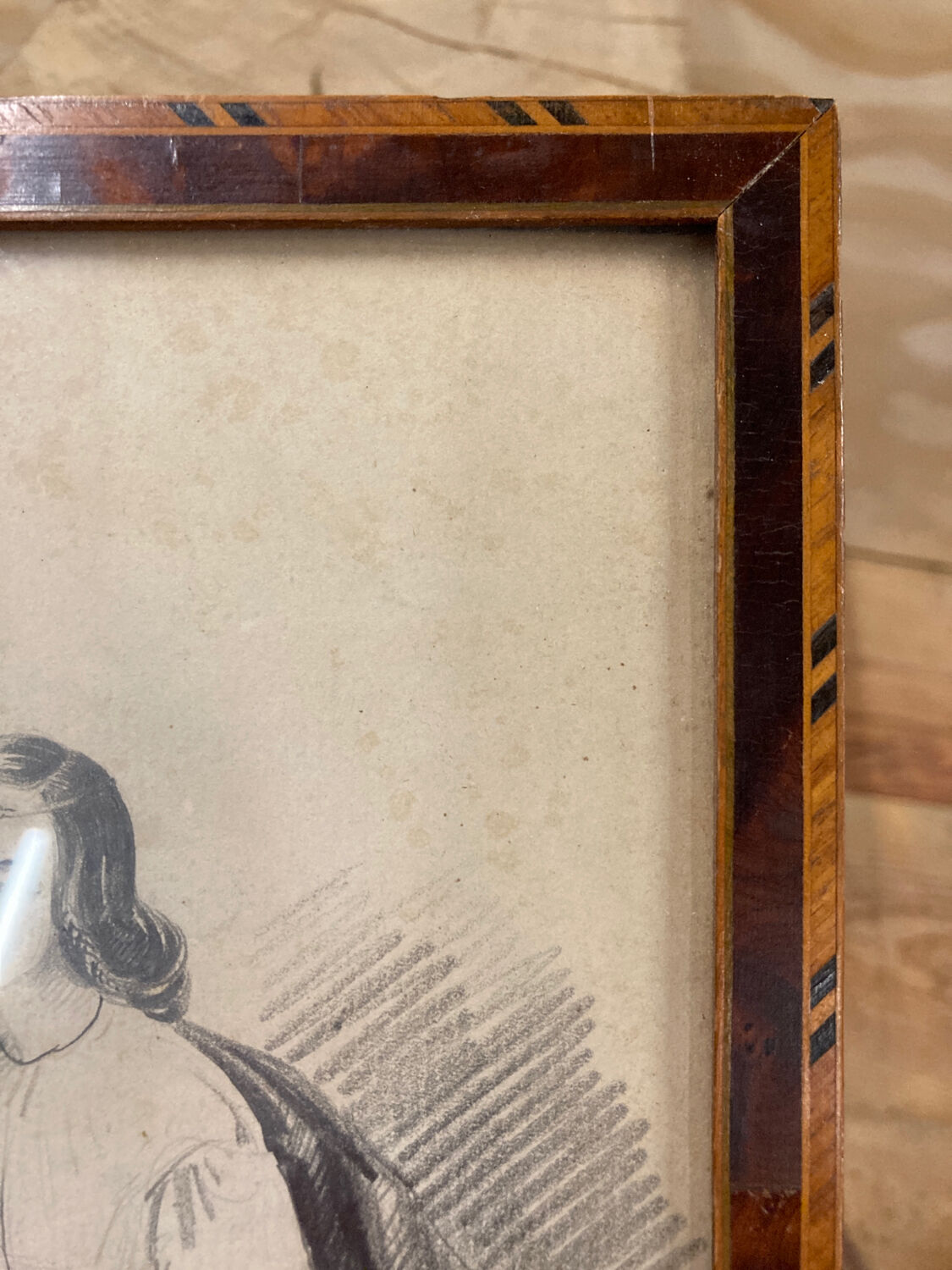 Portrait 19th young woman romantic marquetry frame