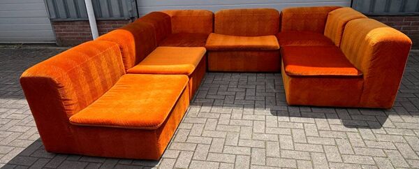 Grand canapé sectionnel Mid-Century composé de 6 éléments en velours orange