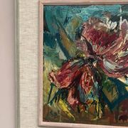 Original Swedish Oil on Panel – "Pink Flower" by Owe Wessbohn – Signed – Vintage and Framed – 69 × 51 cm (27.2" × 20.1")