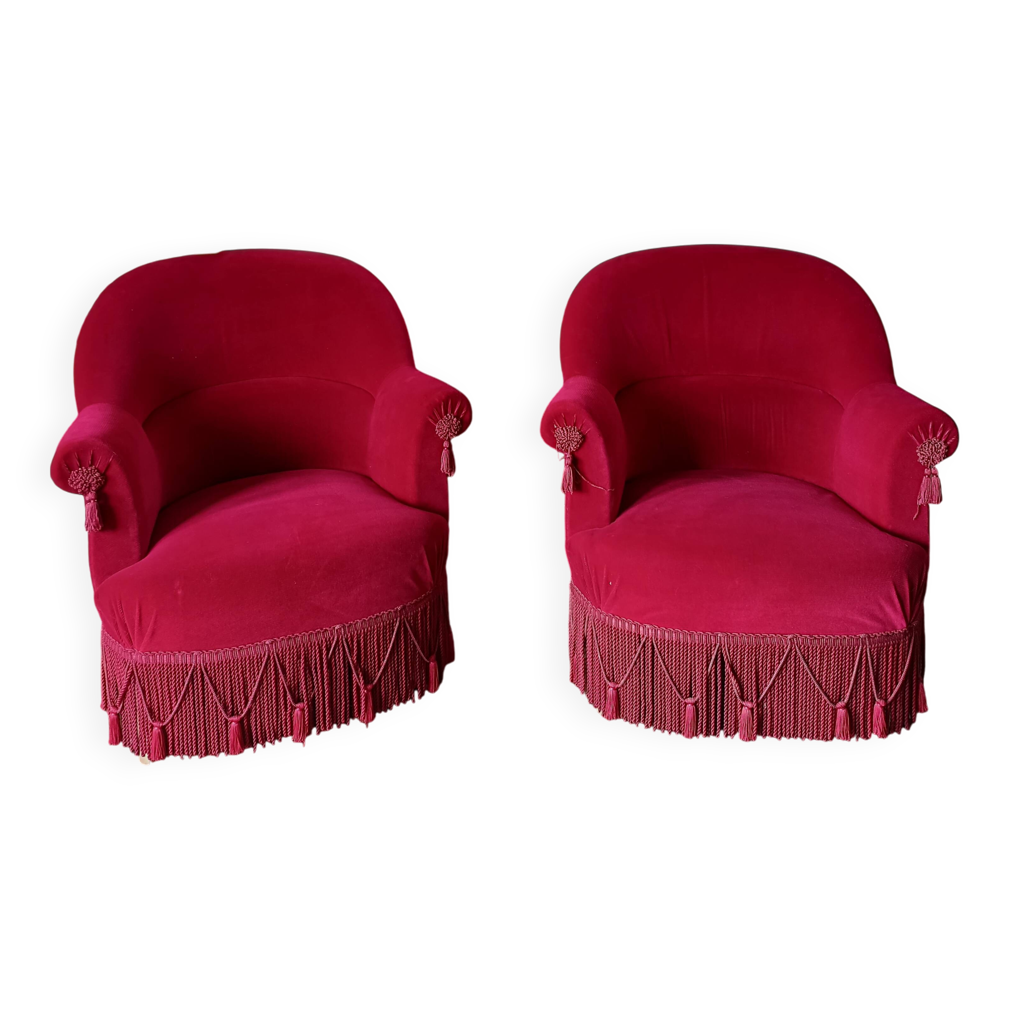 Lot de 2 fauteuils crapauds en velours rouge