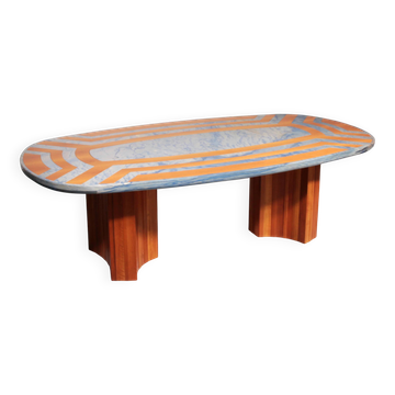 Exquisite blue Brazilian marble tabletop with hand-inlaid wood