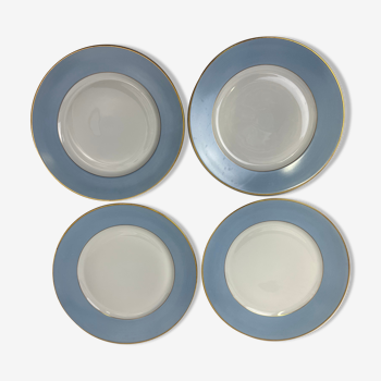4 assiettes plates blanches et bleu Limoges Haviland