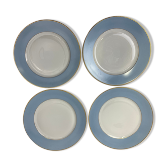 4 assiettes plates blanches et bleu Limoges Haviland
