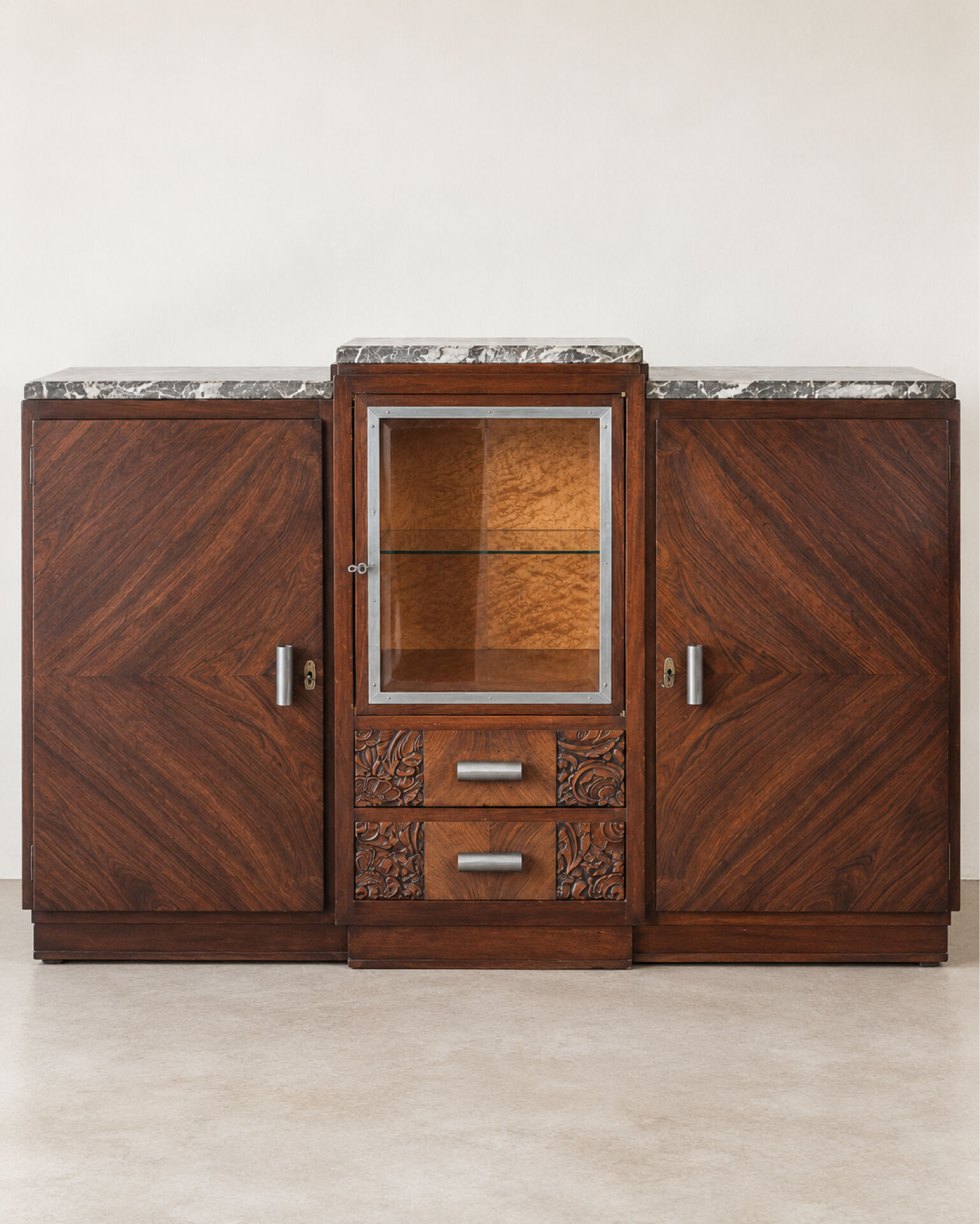 1950s Art Deco sideboard in veined wood, grey marble, and display cabinet.
