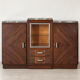 1950s Art Deco sideboard in veined wood, grey marble, and display cabinet.