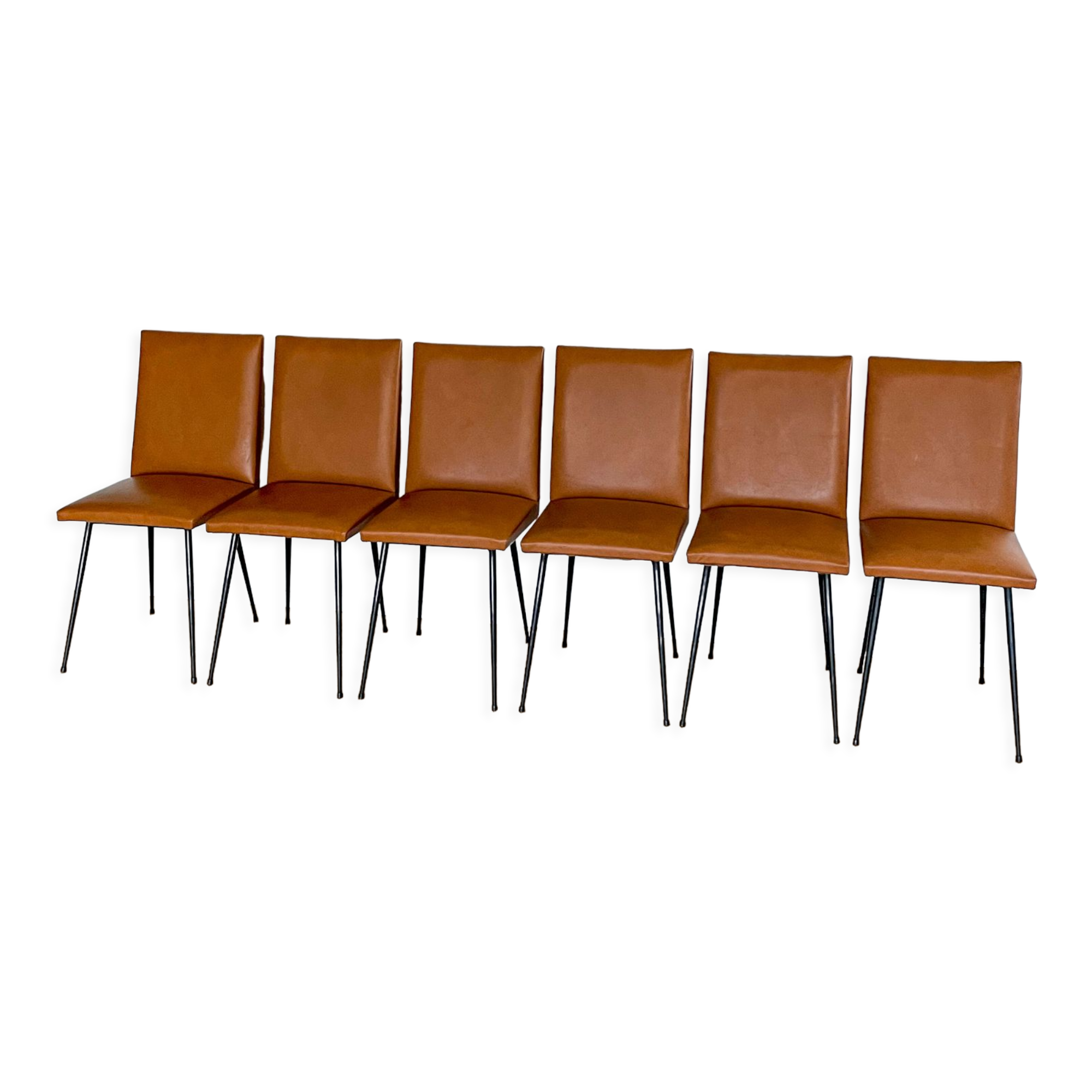 Set of 6 brown skaï chairs and black metal, 1960