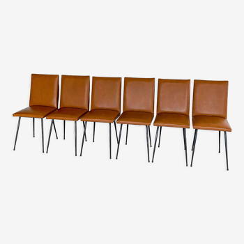 Set of 6 brown skaï chairs and black metal, 1960