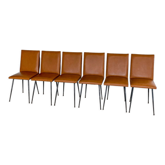 Set of 6 brown skaï chairs and black metal, 1960