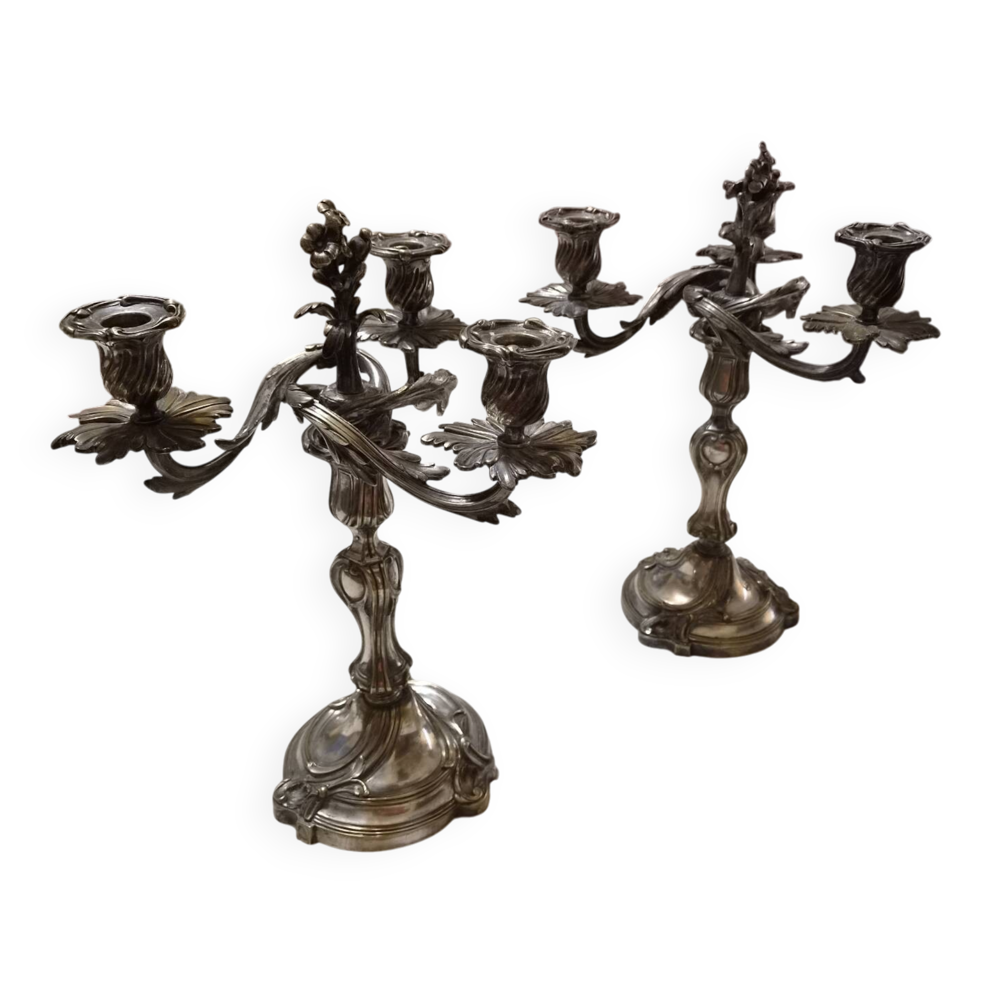 Pair of Louis XV style candelabra, in silvered bronze, 19th century.