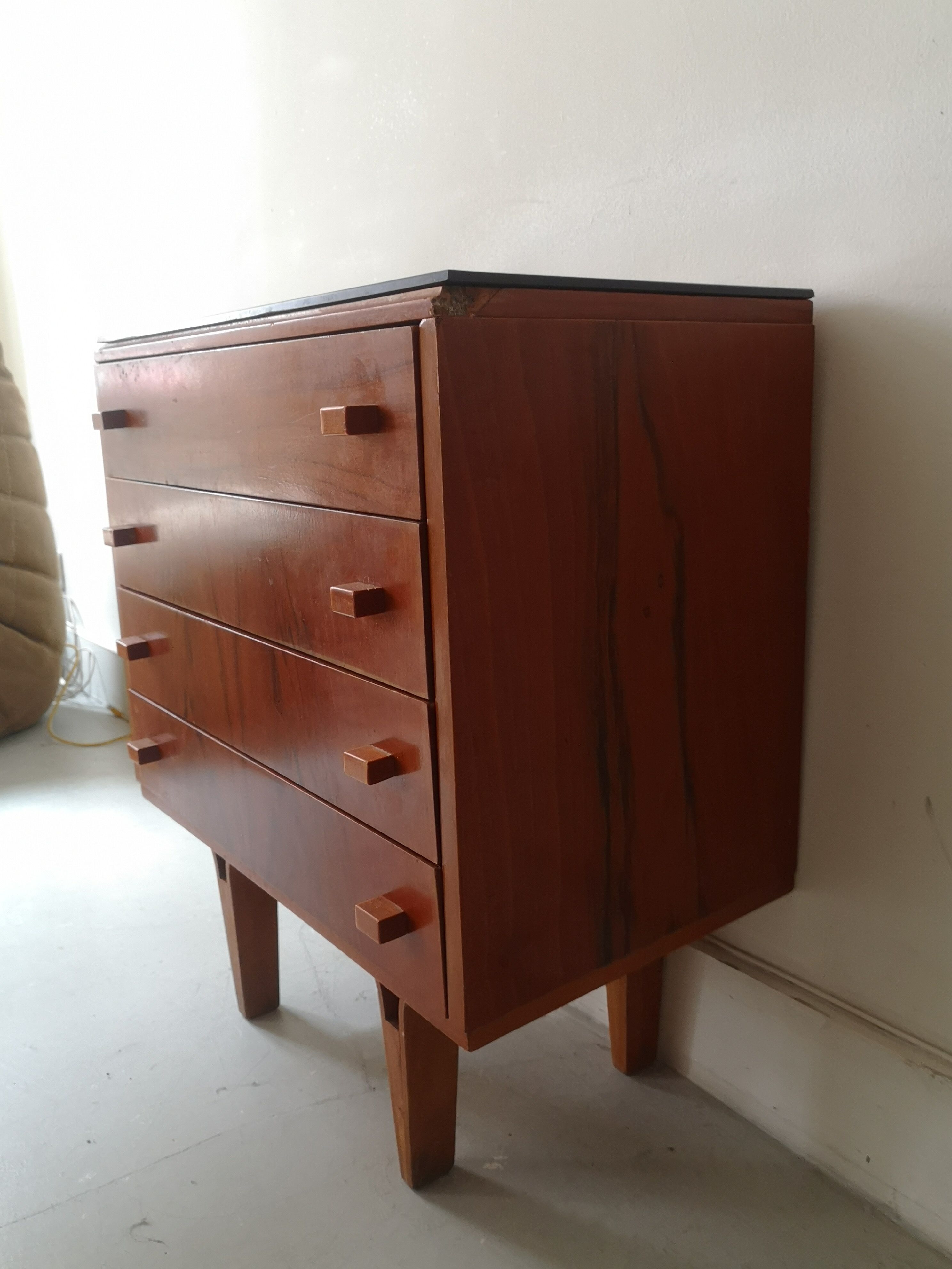 Chest of drawers in rosewood and vintage mid-century black glass, czechoslovakia 1970