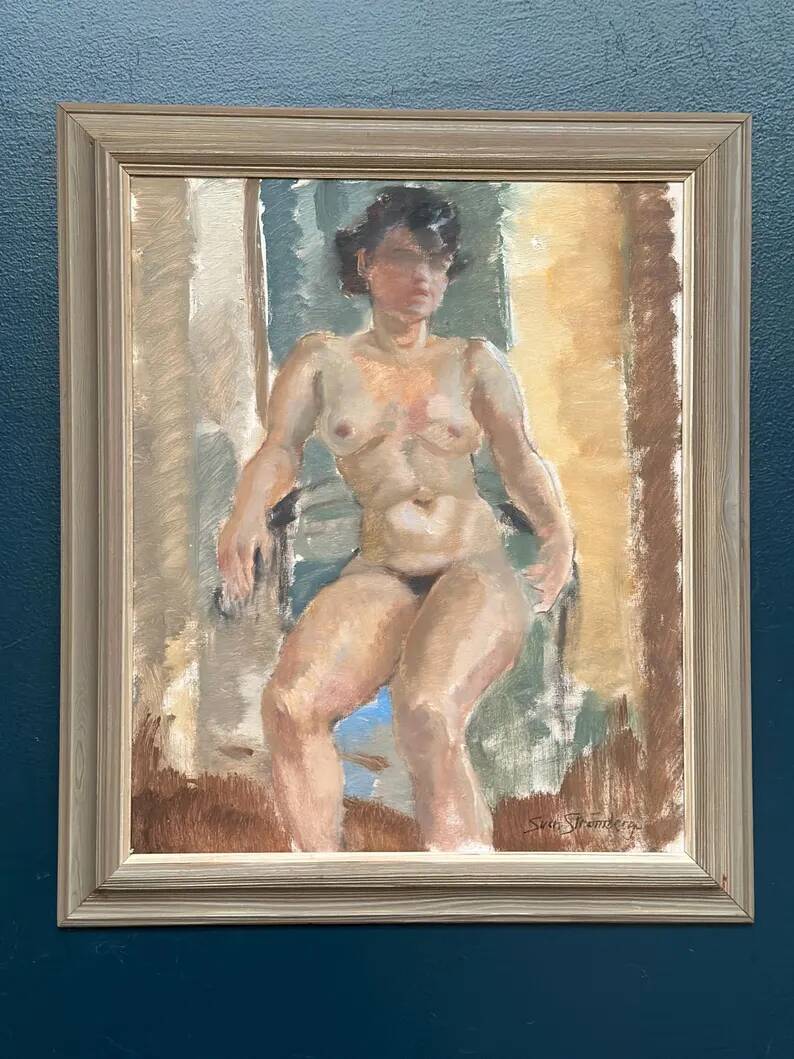 Huile sur toile originale – “Dame assise” par Sven Strömberg – Signée – Vintage et encadrée