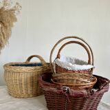 Grand panier vintage rotin foncé double anses amovibles et doublure rouge motif tartan