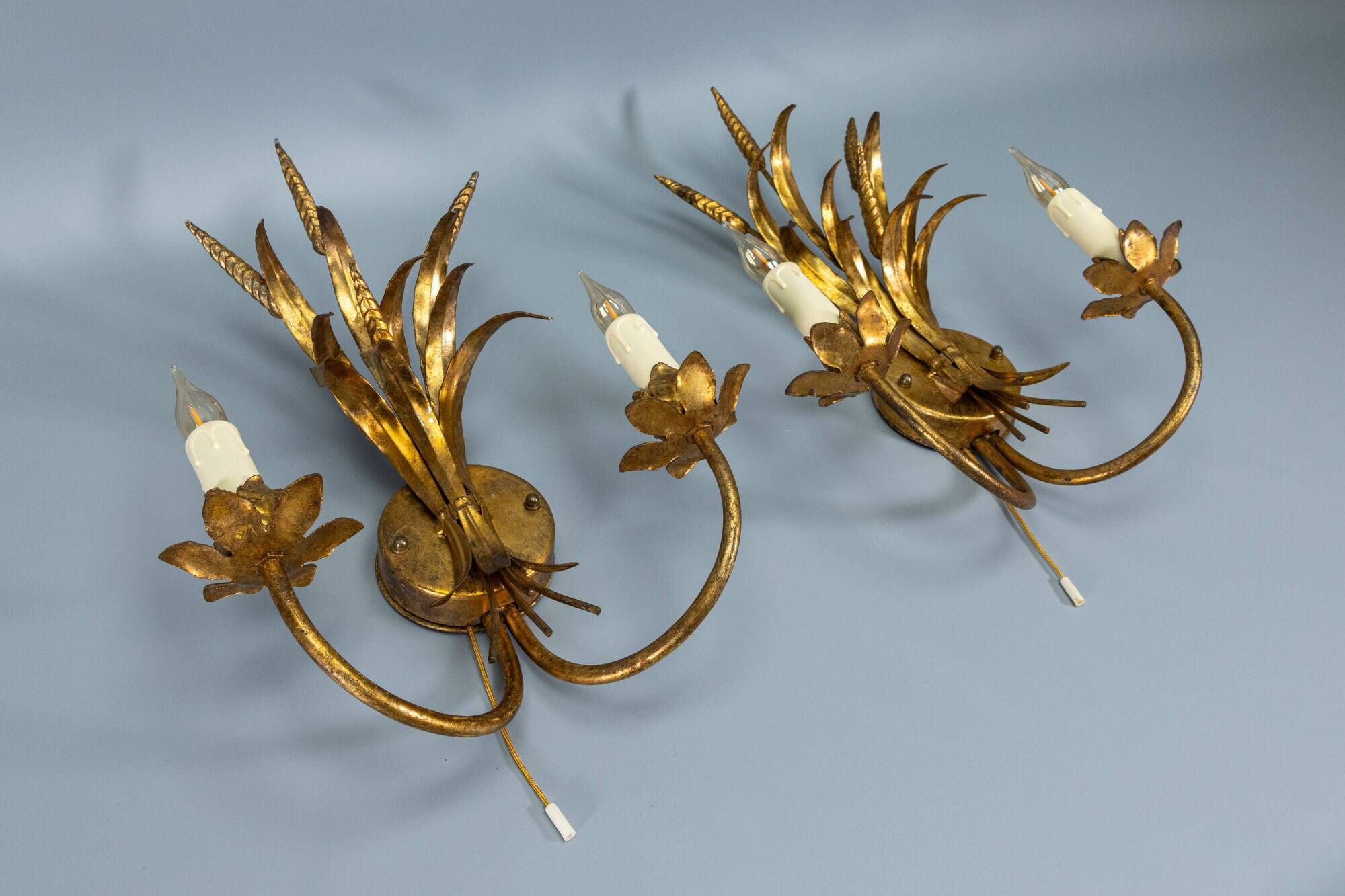 Pair of Hollywood Regency Style Gilt Metal Double-Arm Wheat Sconces, 1970s