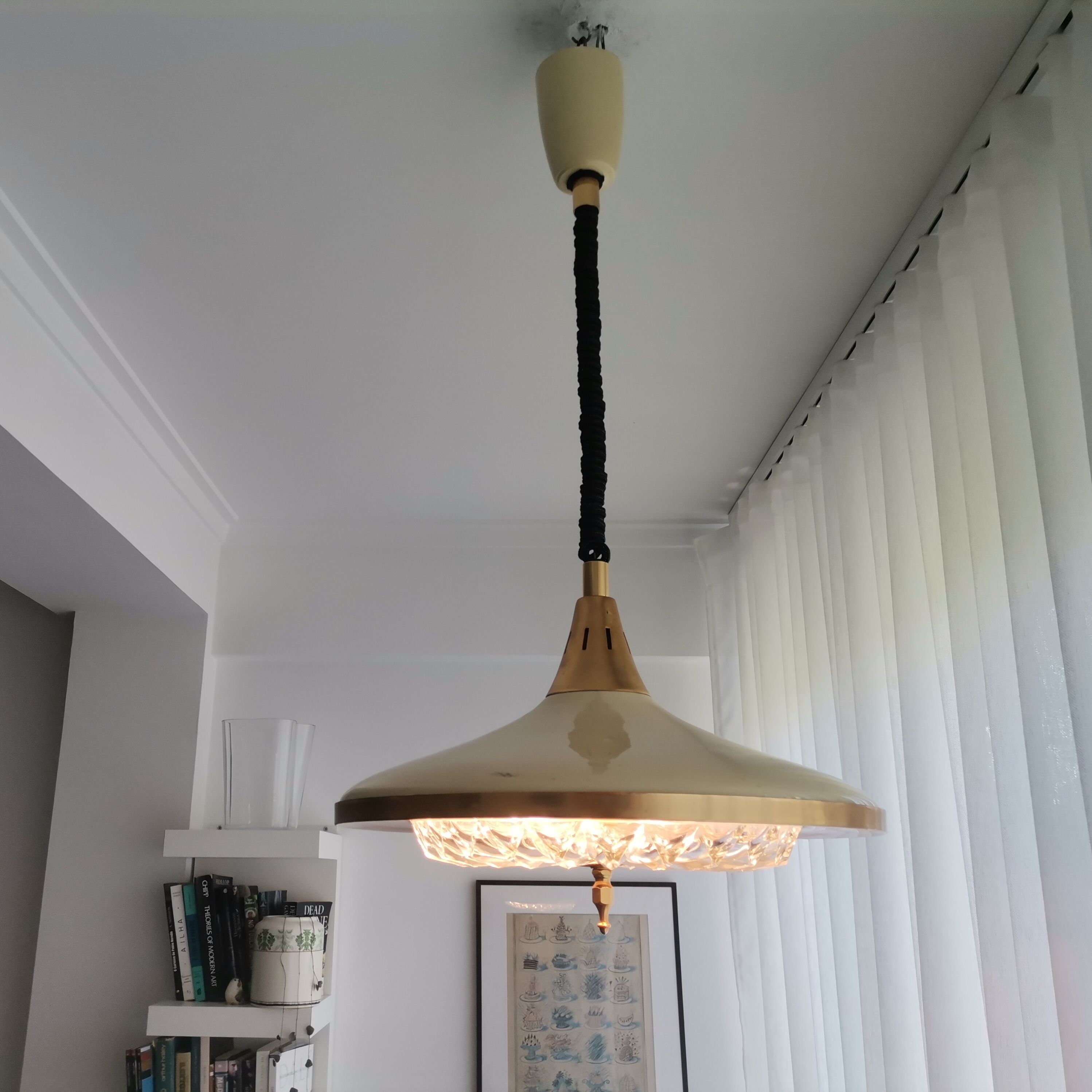 1960s mid century cream metal and crystal pull down large hanging lamp