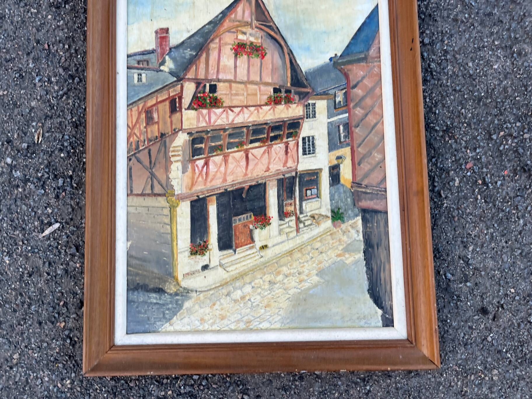Oil table house half-timbered cobbled street - Breton Norman village