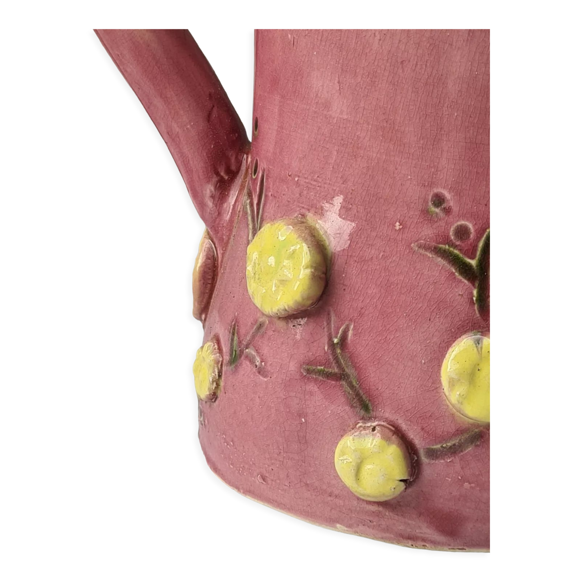 Glazed terracotta pitcher with mimosa decoration