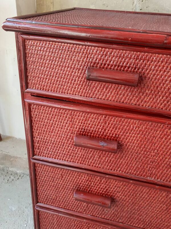 Commode vintage en rotin laquée rouge