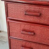 Commode vintage en rotin laquée rouge