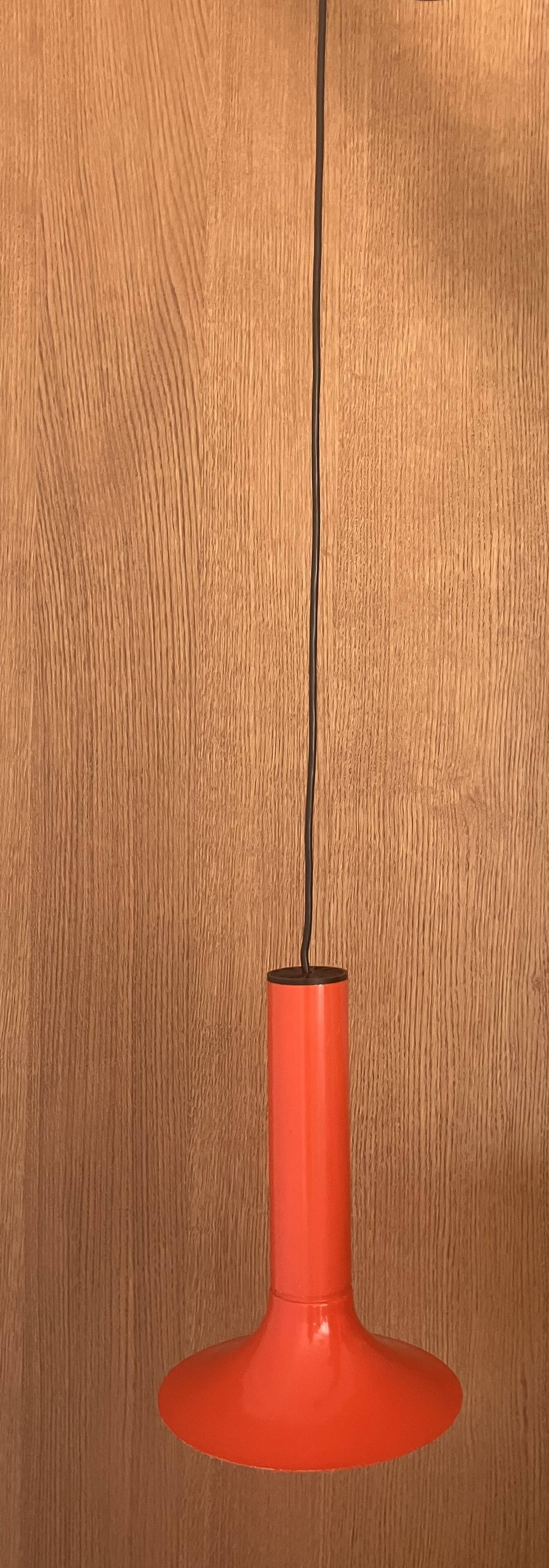 Pair of Lita metal orange pendant lights from the 70s Space Age.