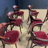 Lot de 8 fauteuils bistrot vauzelle a palmettes bois foncé et velours rouge