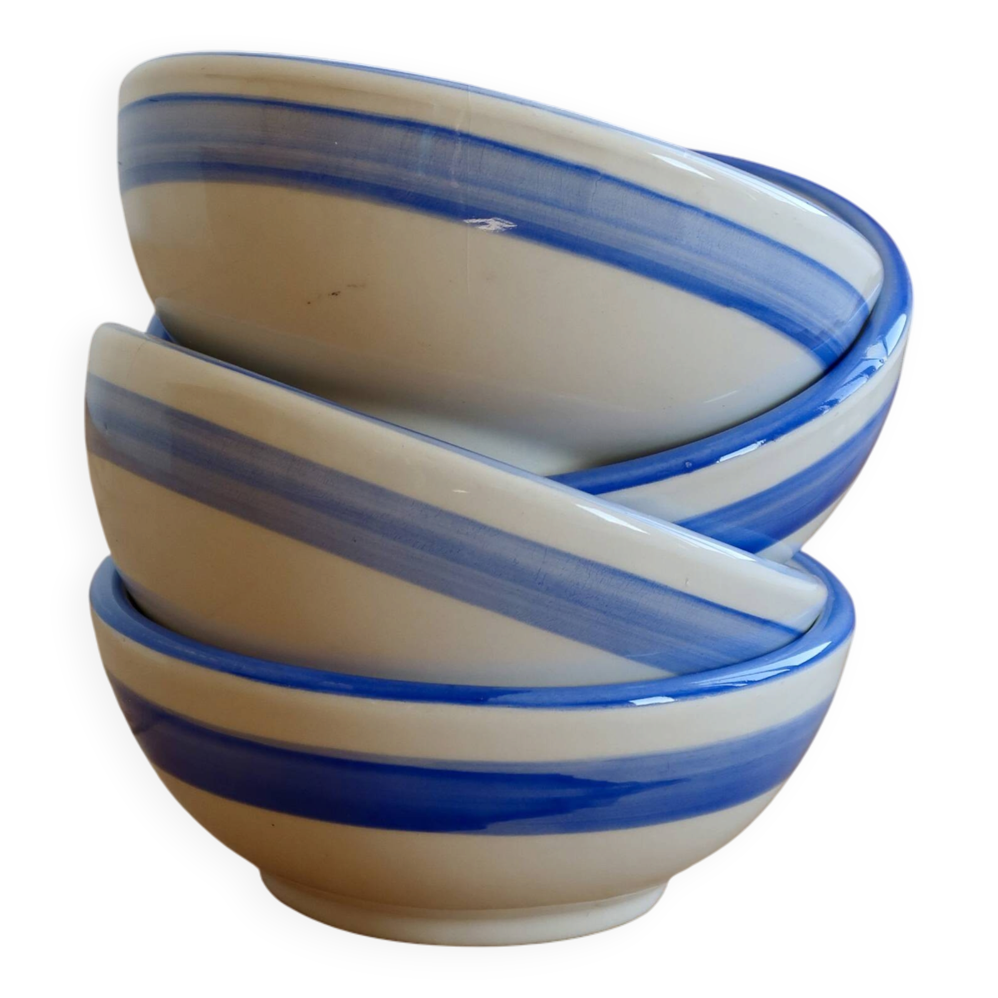 4 vintage striped ivory and blue earthenware bowls by Afibel