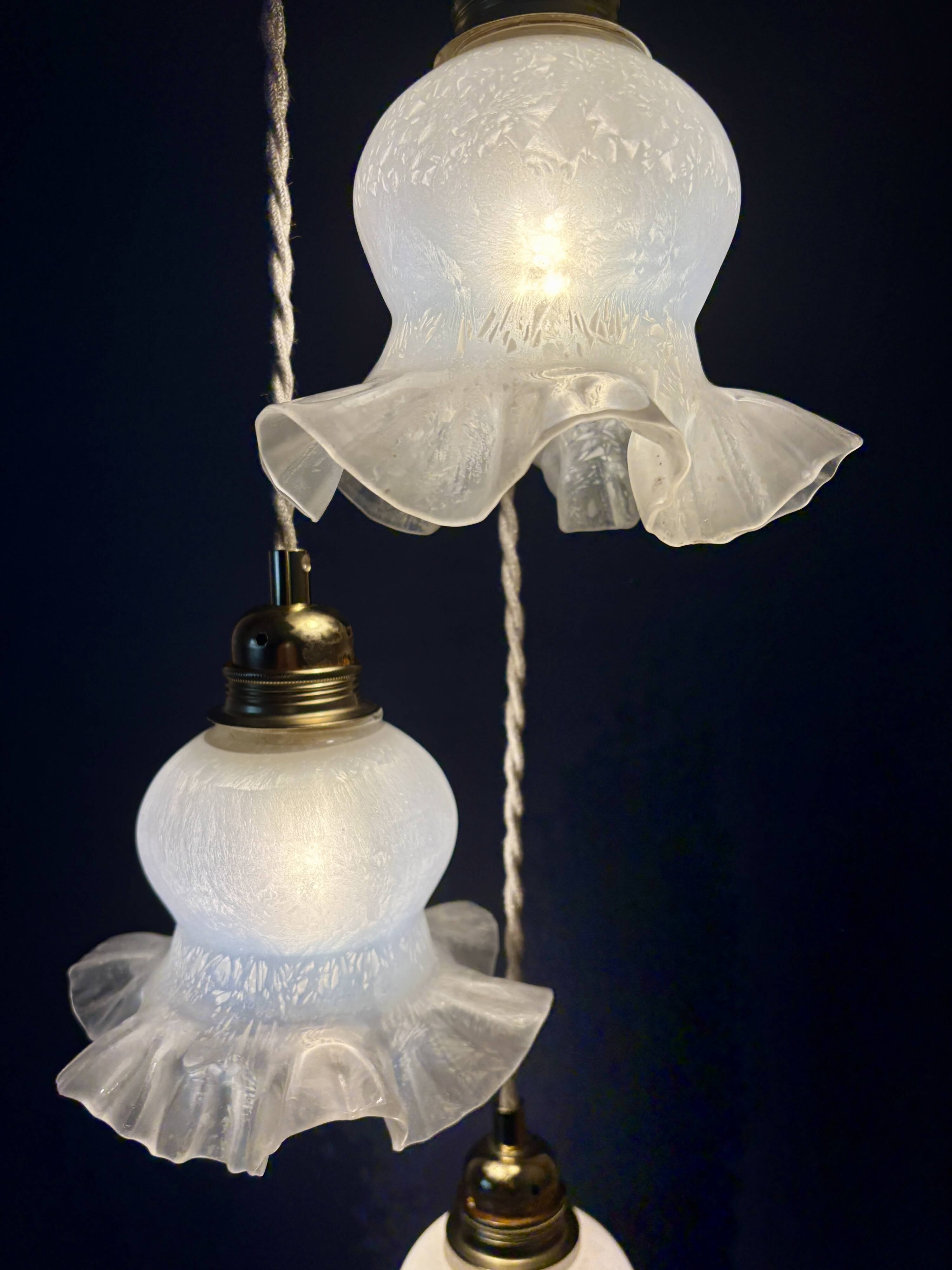 Vintage triple tulip pendant light in white glass