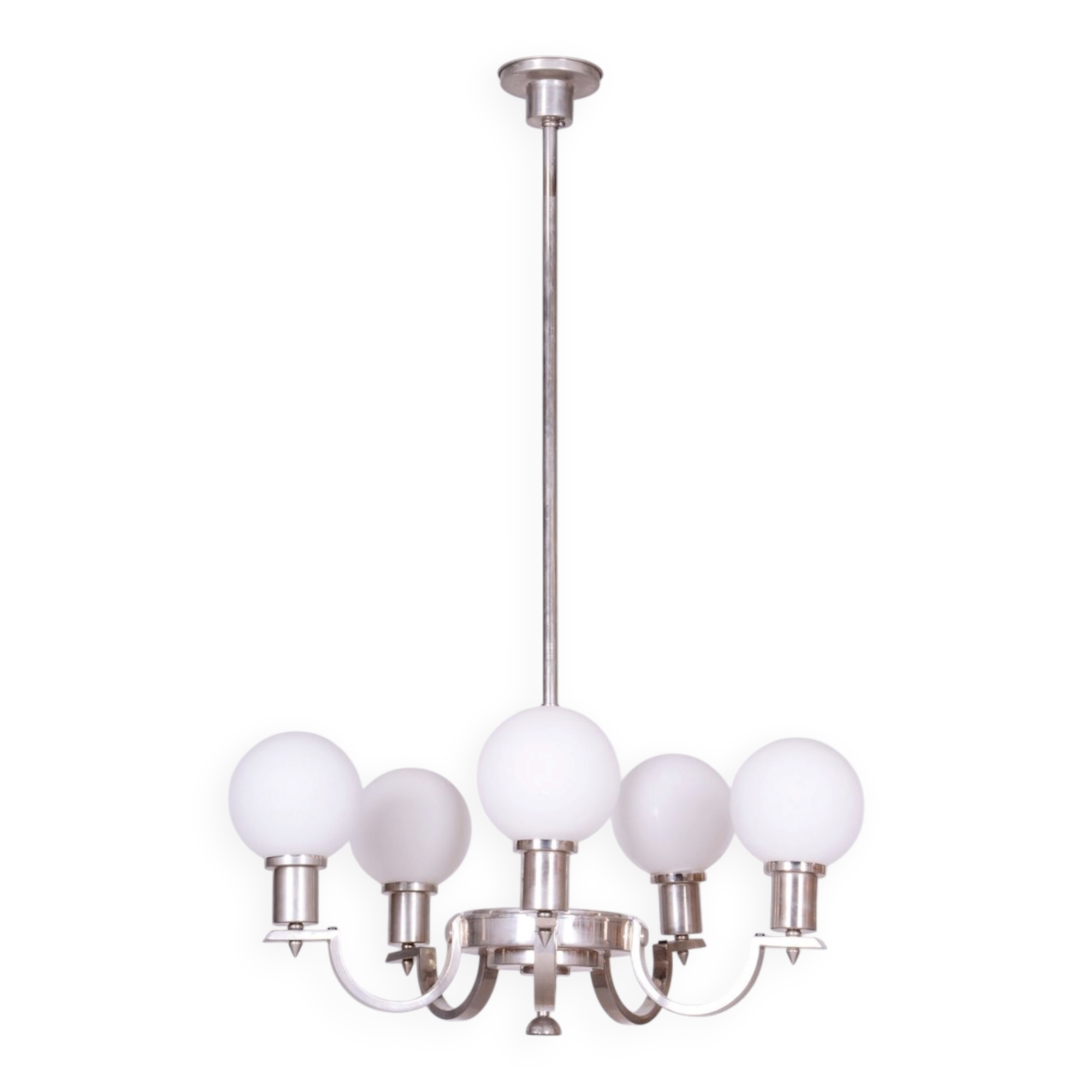 Art Deco Chandelier in Nickel, Steel and Opaline Glass, Czech, 1920s