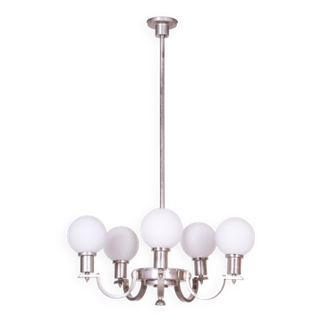 Art Deco Chandelier in Nickel, Steel and Opaline Glass, Czech, 1920s
